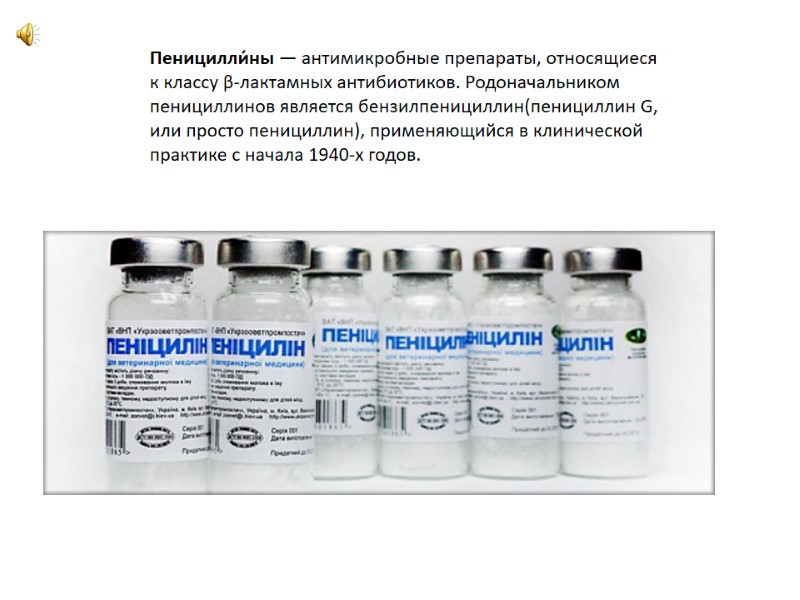 Пеницилли́ны — антимикробные препараты, относящиеся к классу β-лактамных антибиотиков. Родоначальником пенициллинов является бензилпенициллин(пенициллин G,